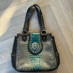 Turquoise Croc Embossed Western Style Studded Satchel Purse Handbag Montana West